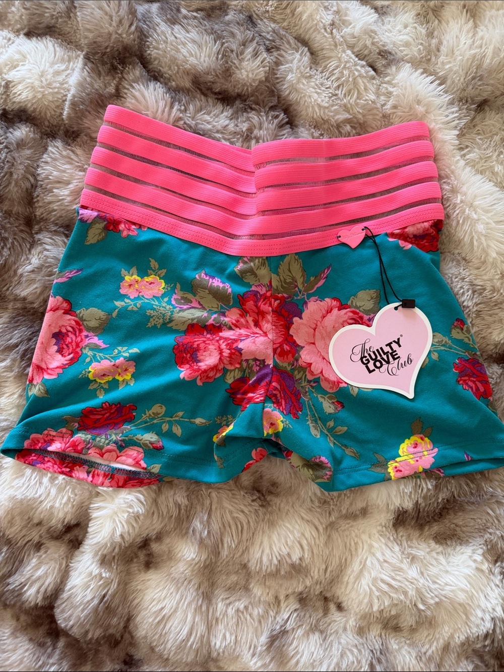 Cute Booty Lounge Teal Floral Shorts with Pink Waistband